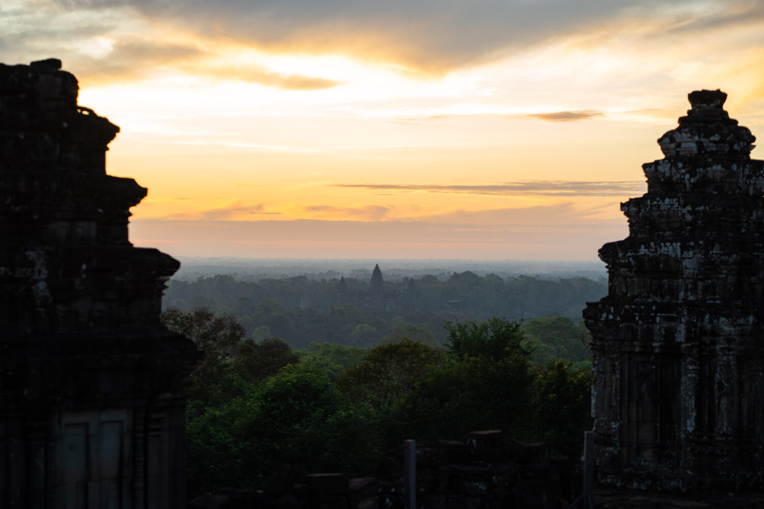 The landscape view shoot the picture of Angkor Wat from the top of the mountain.